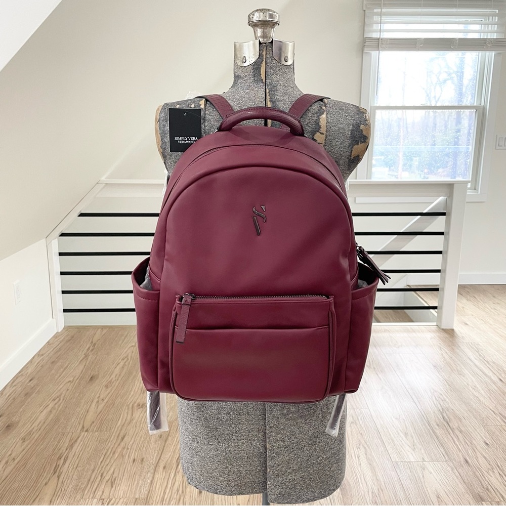 NWT Simply Vera Vera Wang burgundy, red contemporary faux leather cargo backpack - Picture 9 of 10